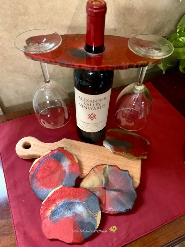 Wine Glass Caddy and Coaster Set--Red, Black and Gold