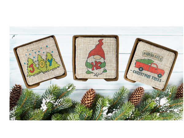 Burlap Christmas Coasters--Set of 6