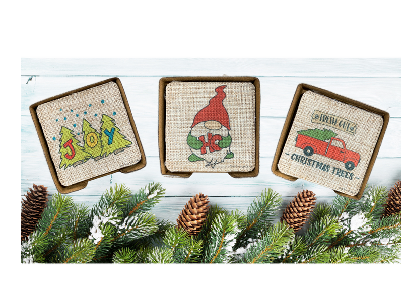 Burlap Christmas Coasters--Set of 6